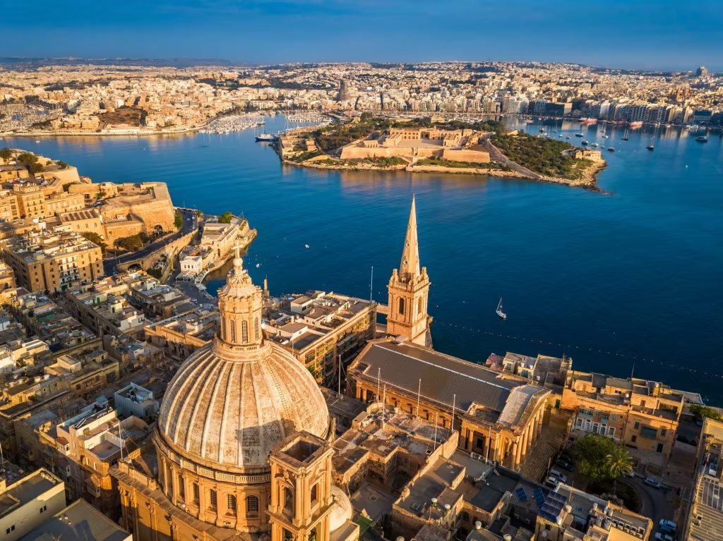 Valletta from above — the Carmelite dome, St Paul’s spire and Marsamxett Harbour